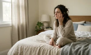 Tired woman waking up with dark under-eye circles