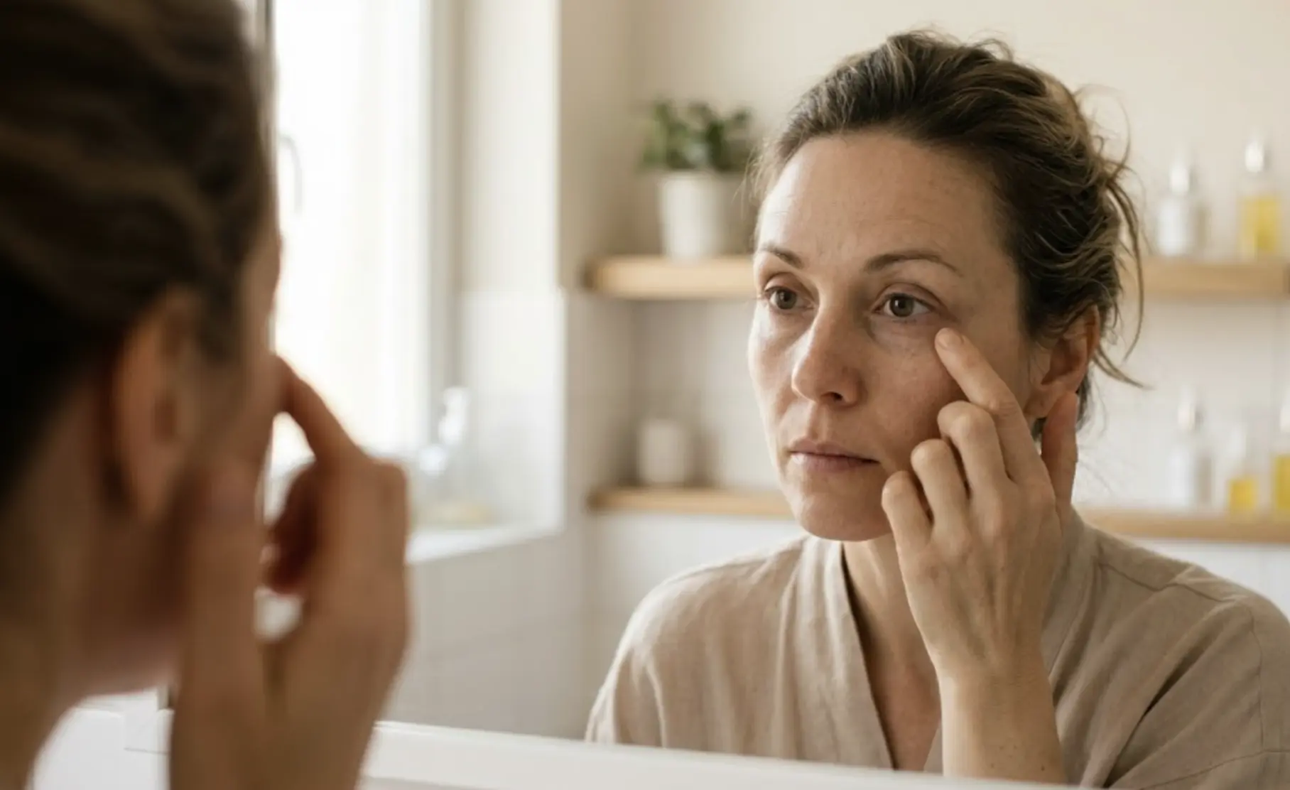 Woman examining dark circles under her eyes in a mirror