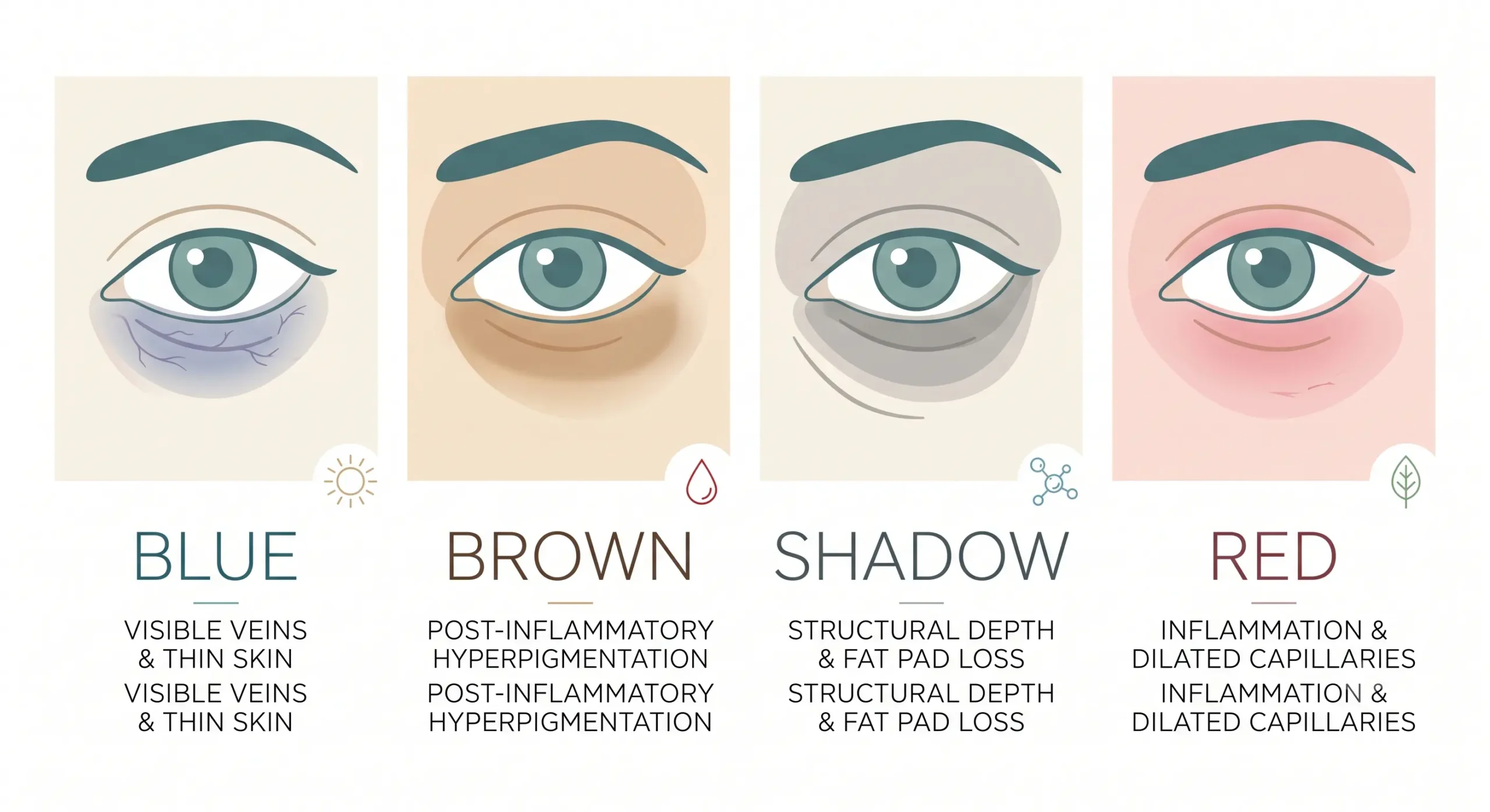 Four types of dark circle colours under the eyes compared