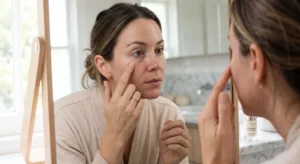 Woman doing the under-eye stretch test in a mirror