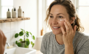 Woman applying affordable eye cream under her eye