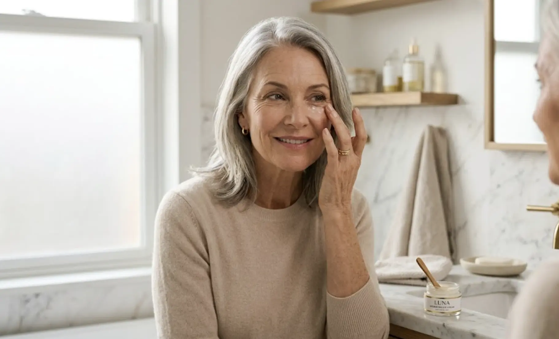 Woman over 50 applying eye cream with her ring finger