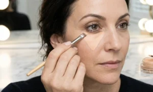 Applying peach colour corrector under the eyes in a triangle shape