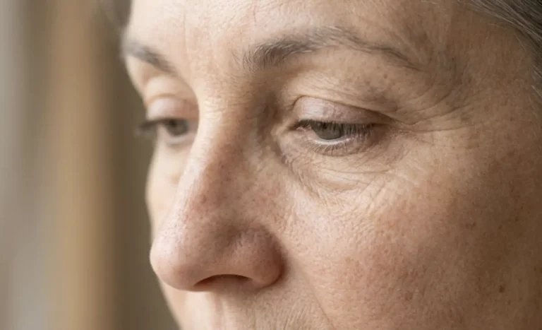 Close-up of mature woman's under-eye area showing tear trough hollowing