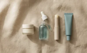 Flat lay of eye skincare routine products for mature skin