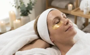 Woman wearing hydrogel under-eye patches